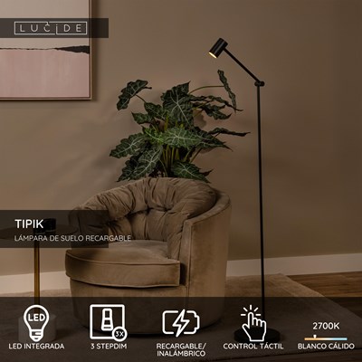 Lucide TIPIK - Lámpara de suelo Recargable - Batería/acumulador - LED 3 StepDim - 1x3W 2700K - Negro